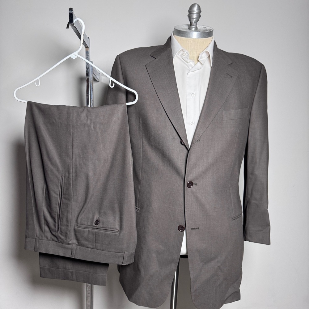 Hugo Boss Suit Mens 46L 35W Taupe Brown Solid Super 100 Wool 3-Button Saks